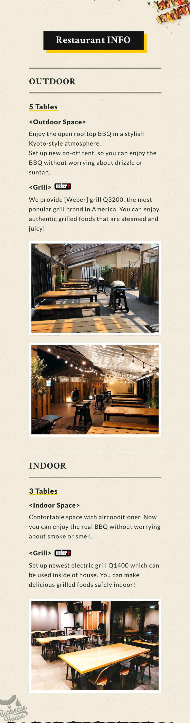 Restaurant INFO OUTDOOR 5 Tables Outdoor Space Enjoy the open rooftop BBQ in a stylish Kyoto-style atmosphere.Set up new on-off tent, so you can enjoy the BBQ without worrying about drizzle or suntan. Grill We provide [Weber] grill Q3200, the most popular grill brand in America. You can enjoy authentic grilled foods that are steamed and juicy! INDOOR 3 Tables Indoor Space Confortable space with airconditioner. Now you can enjoy the real BBQ without worrying about smoke or smell. Grill Set up newest electric grill Q1400 which can be used inside of house. You can make delicious grilled foods safely indoor!