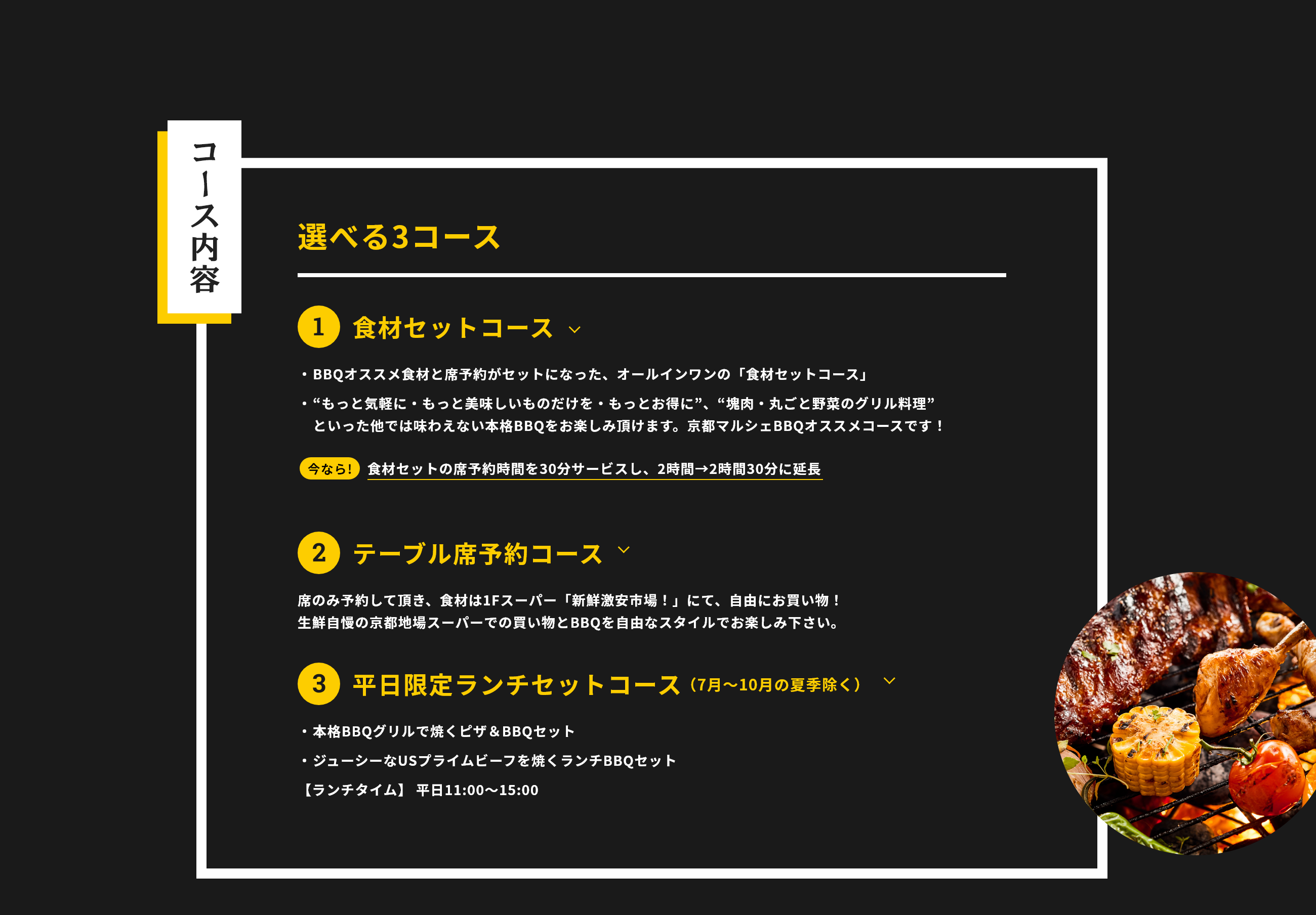 コース内容 選べる3コース 1.食材セットコース BBQオススメ食材と席予約がセットになった、オールインワンの「食材セットコース」“もっと気軽に・もっと美味しいものだけを・もっとお得に”、“塊肉・丸ごと野菜のグリル料理” といった他では味わえない本格BBQをお楽しみ頂けます。京都マルシェBBQオススメコースです！食材セットコースに新メニュー追加 軽めのセットで、1Ｆスーパーで自由に食材を追加したい方向けの「ライトBBQプラン」2.テーブル席予約コース 席のみ予約していただき、食材は1Fスーパー「新鮮激安市場！」にて、自由にお買い物！生鮮自慢の京都地場スーパーでの買い物とBBQを自由なスタイルでお楽しみください。3.平日限定ランチセットコース（7月〜10月の夏季除く）平日限定のランチセットが新たに加わりました。 【2時間の席代込で1,000円～1,300円】・本格BBQグリルで焼くピザ＆BBQセット（BBQグリルで自分でピザが焼けます。）・ジューシーなUSプライムビーフを焼くランチBBQセット 【ランチタイム】平日11:00〜15:00